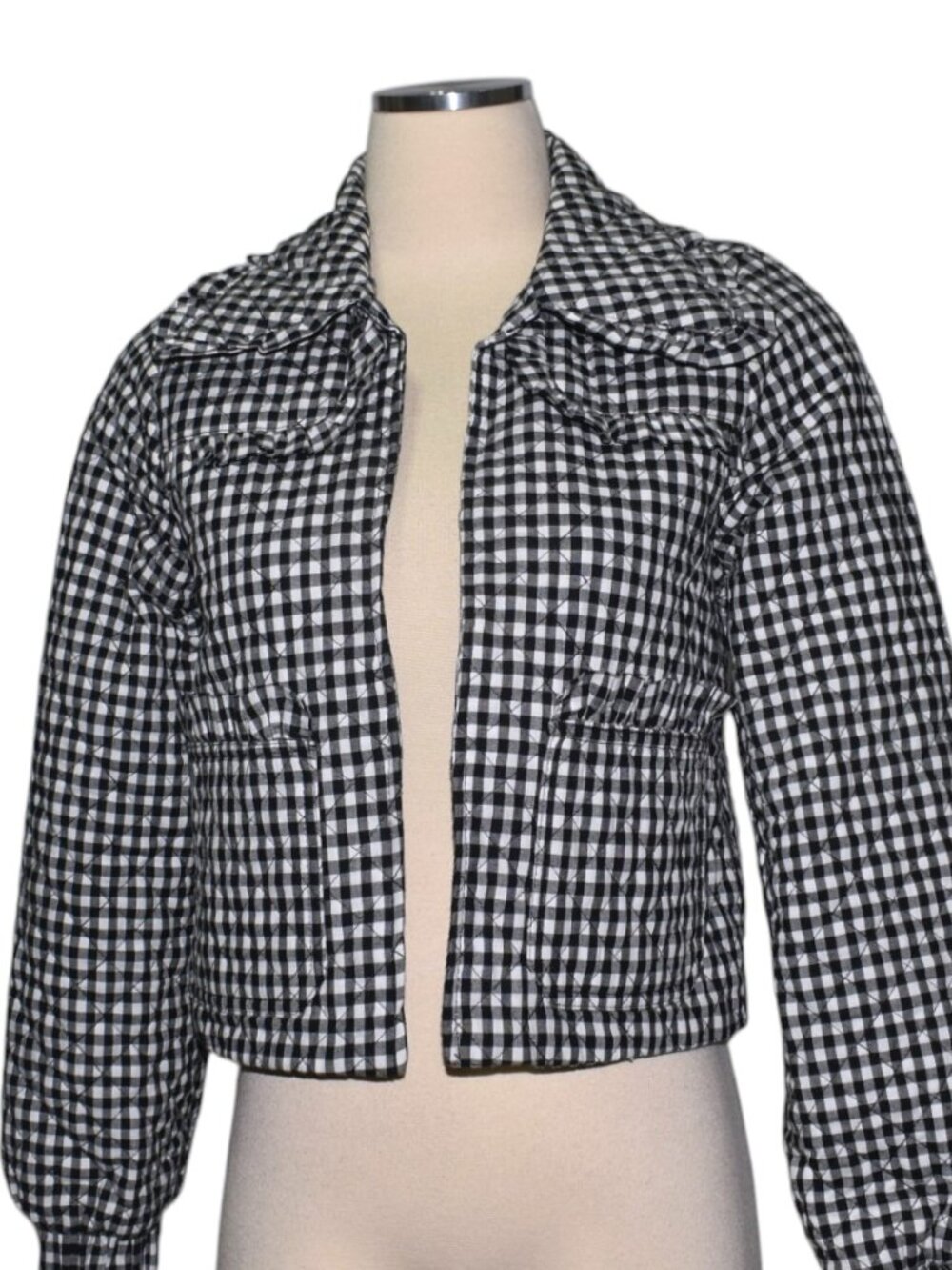 Avec Les Filles Quilted Gingham Jacket Black White Ruffle Collar Coquette XS